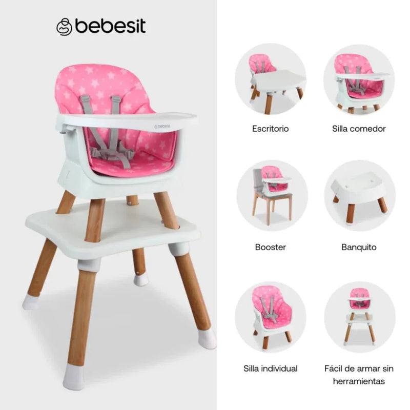 SILLA COMEDOR BABY ELITE DINNER 5 EN 1 1077 BEBESIT ROSADO-