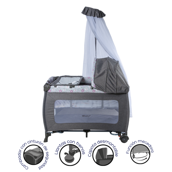 CUNA CORRAL MECEDORA SALLY EB 716-3 EBABY GRIS - ROSADO