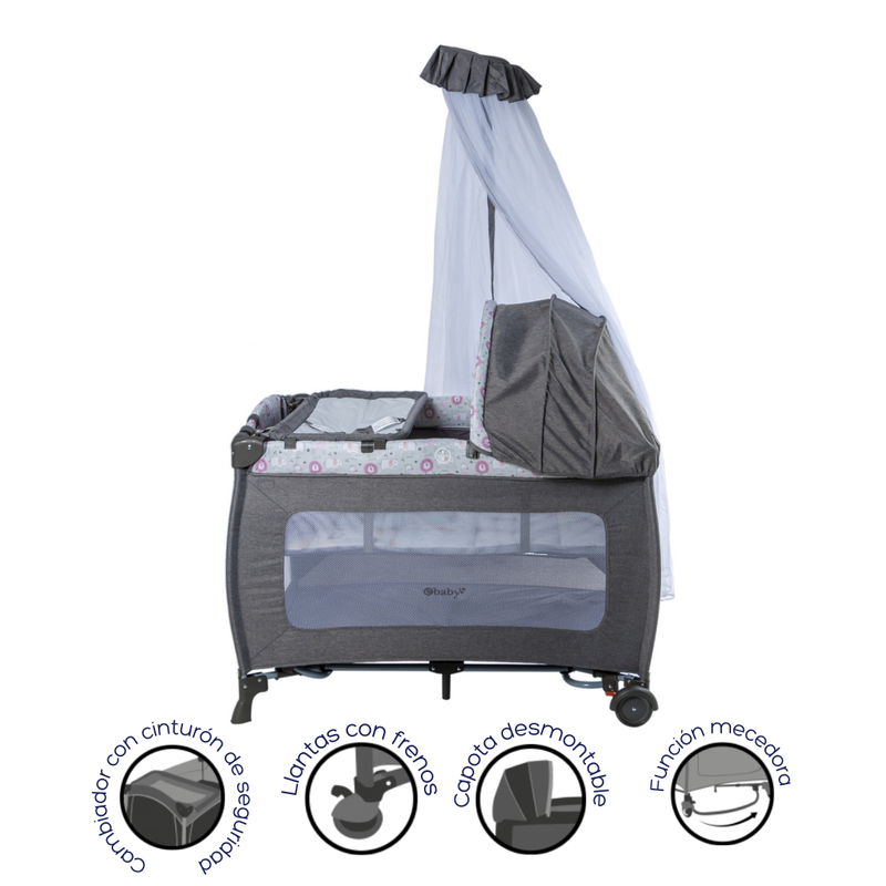 CUNA CORRAL MECEDORA SALLY EB716-3 OH EBABY GRIS - ROSADO