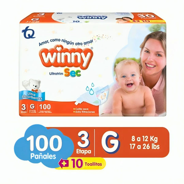 PAÑALES WINNY ULTRATRIM SEC ETAPA 3 X100 UND + GRATIS 10 UND DE TOALLITAS HÚMEDAS