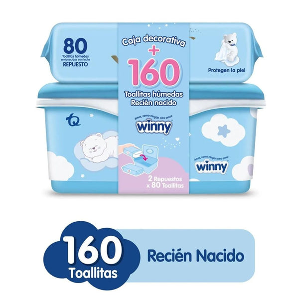 TOALLITAS HUMEDAS RECIEN NACIDO X160 UND + GRATIS CAJA DECORATIVA WINNY