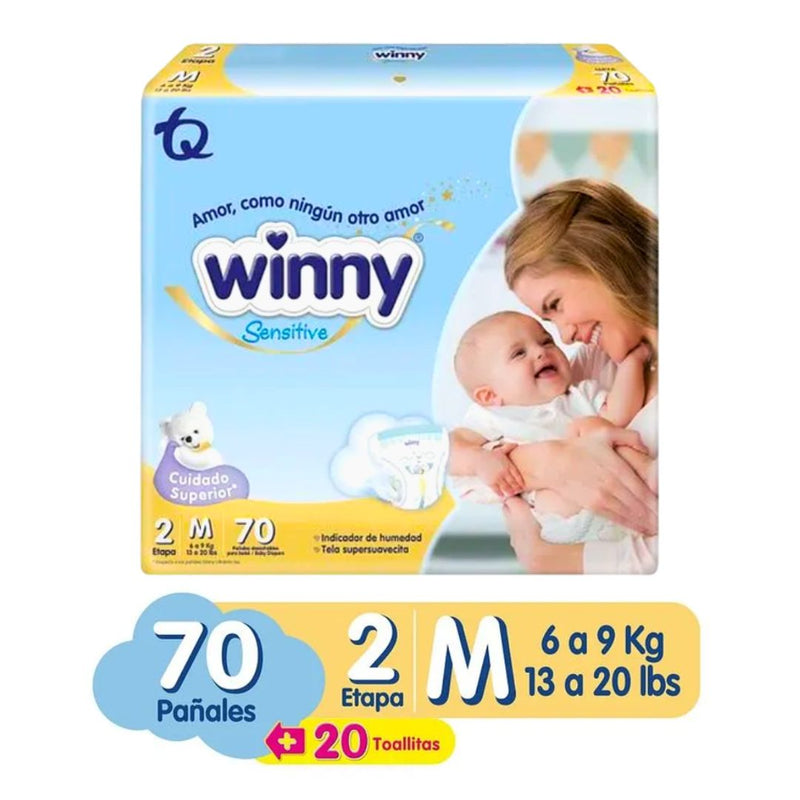 PAÑALES WINNY SENSITIVE ETAPA 2 X70 UND + TOALLITAS HÚMEDAS X20 UND