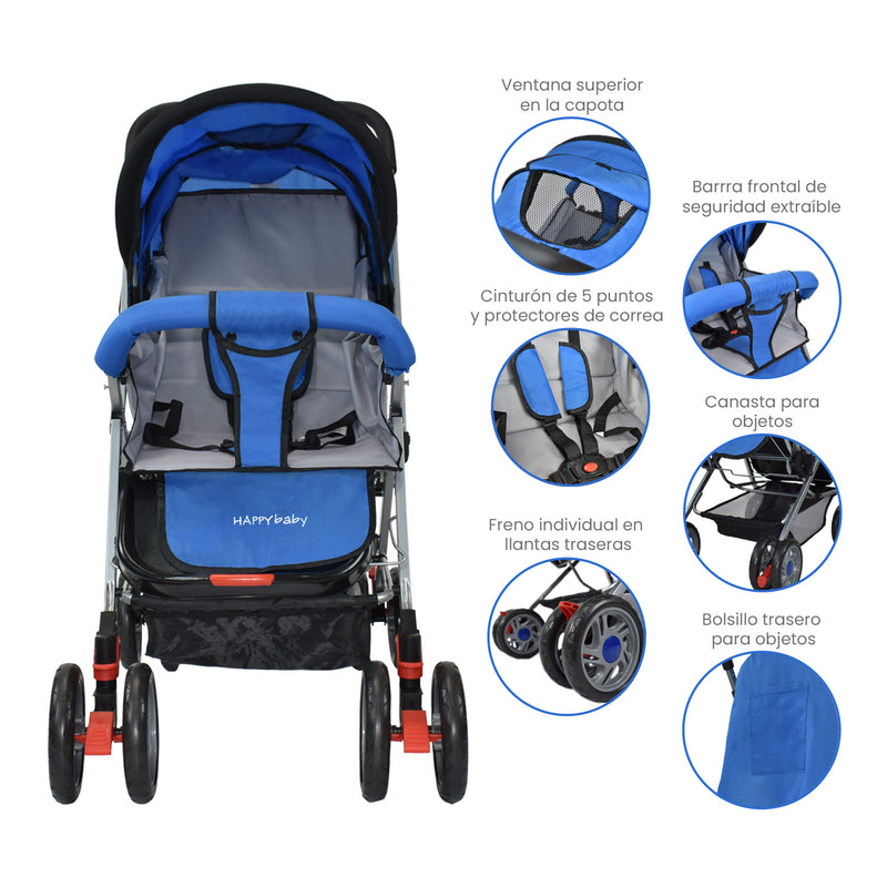 COCHE CUNA REVERSIBLE PASEADOR + BOLSO DALLAS AZUL HAPPY BABY