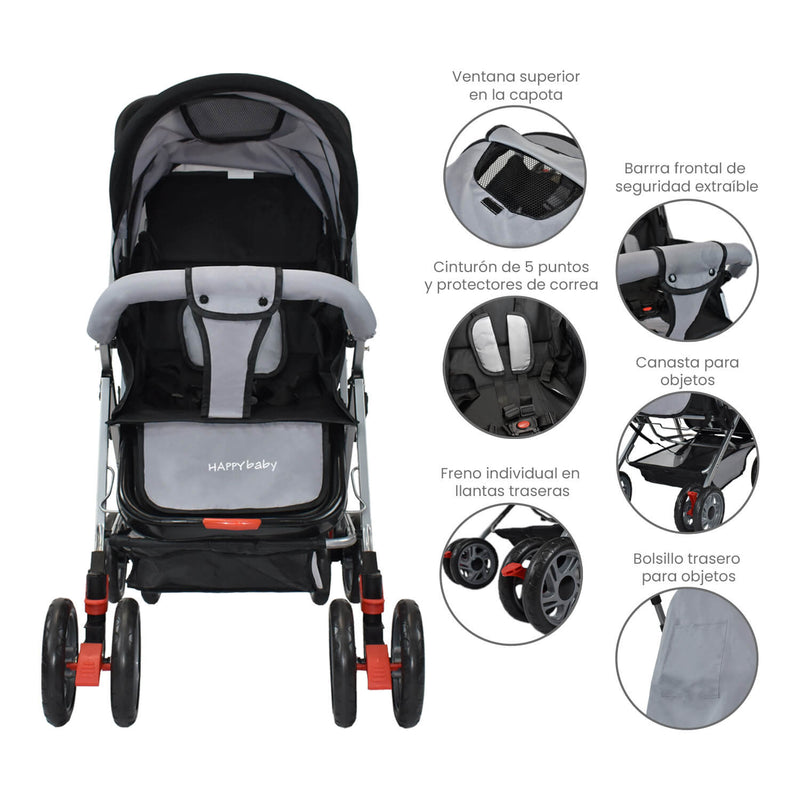 COCHE CUNA REVERSIBLE PASEADOR + BOLSO DALLAS GRIS HAPPY BABY