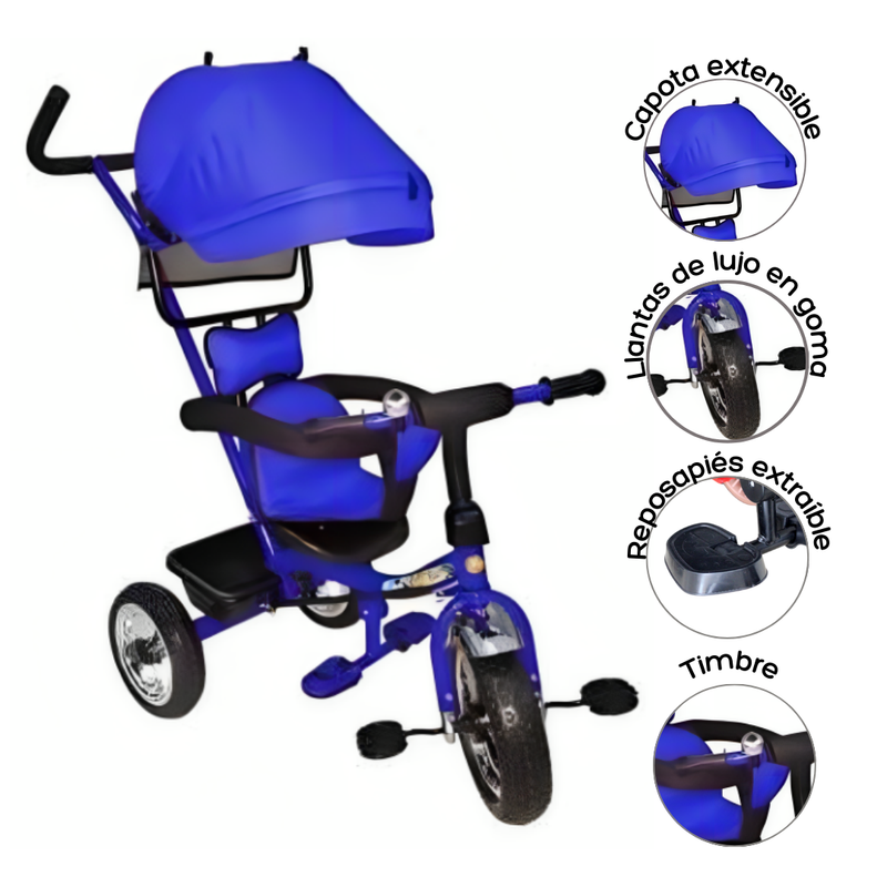 TRICICLO CON BARRA DE CONTROL Y CAPOTA ¡DIVERSIÓN Y SEGURIDAD PARA TU PEQUEÑO! J-TS5015 MUNBE AZUL